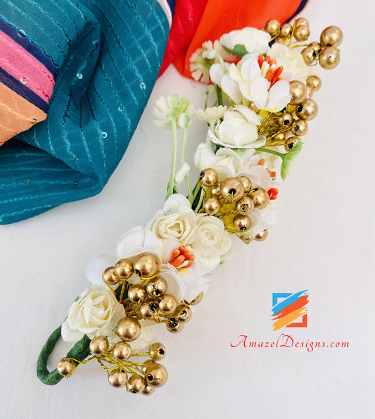 Gajra White Flowers Copper Beads - Hair Accessory