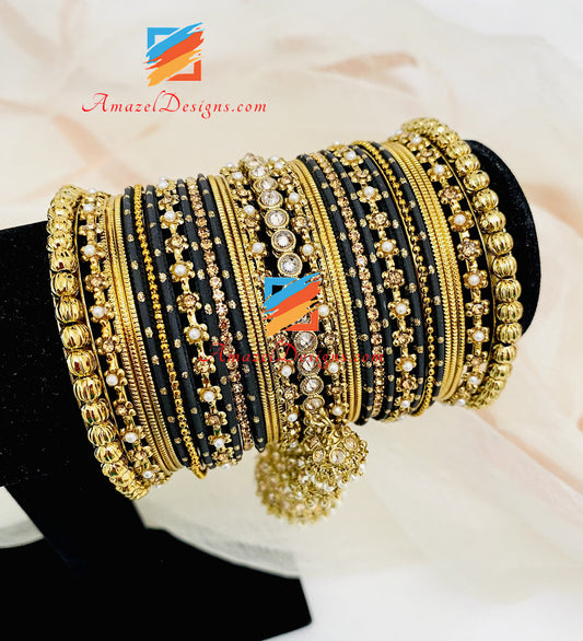 Golden Black Polki Jhumki Kada Bangle Set