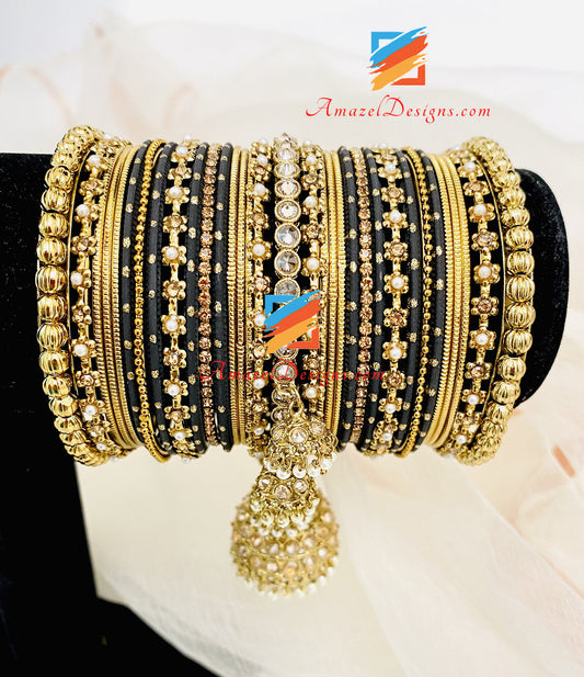 Golden Black Polki Jhumki Kada Bangle Set