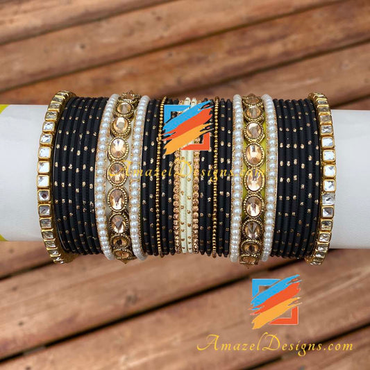 Golden Black Polki Kundan Bangle Set