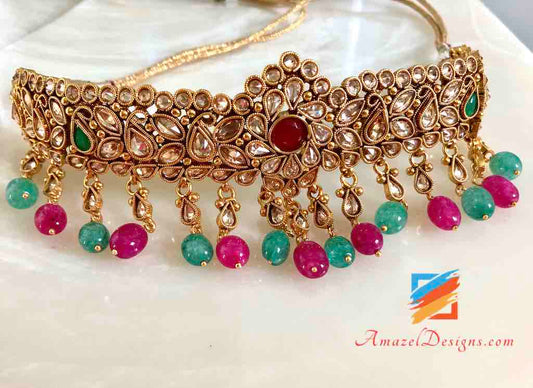Golden Choker with Emerald and Magenta Pearls