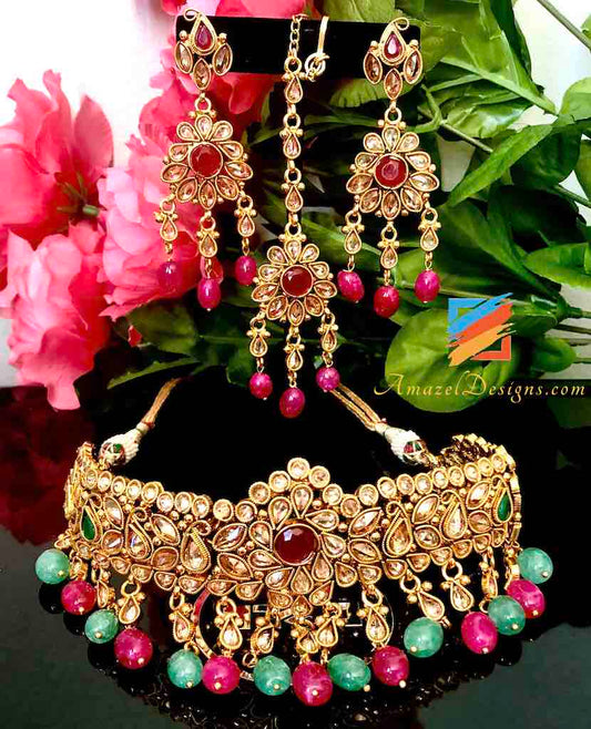 Golden Choker with Emerald and Magenta Pearls