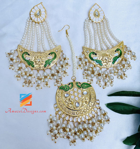 Golden Extremely Lightweight Kundan Meenakari Morni Long Haar Earrings Tikka Set