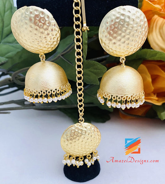 Goldenes, extrem leichtes Jhumki Tikka-Set