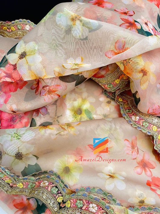 Golden Organza Printed Four Sided Cutwork Lace