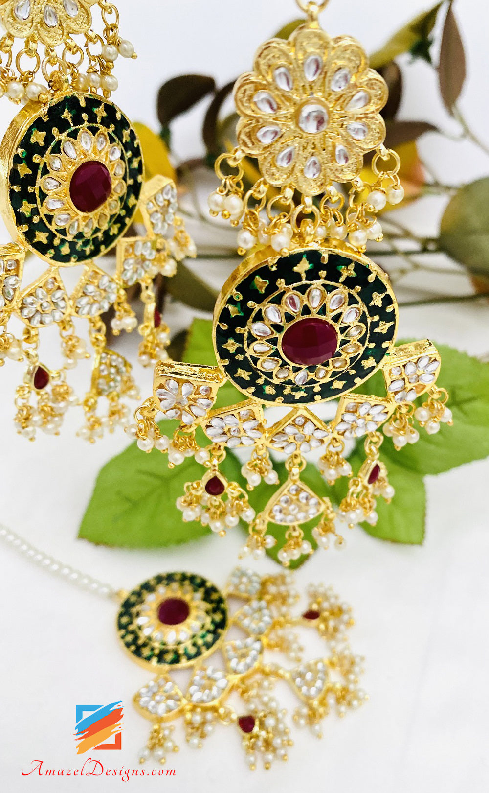 Golden Green Emerald And Ruby Earrings Tikka Set With Sahara