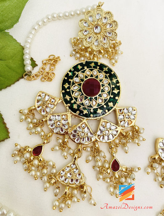 Golden Green Emerald And Ruby Earrings Tikka Set With Sahara