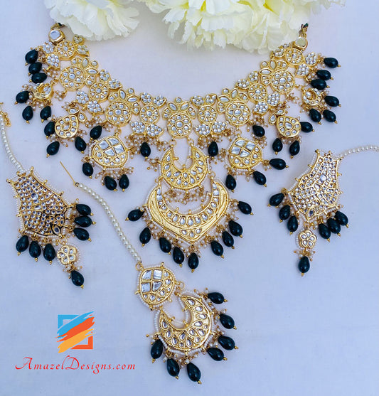 Golden Green Kundan Pendant Necklace Earrings Tikka Set
