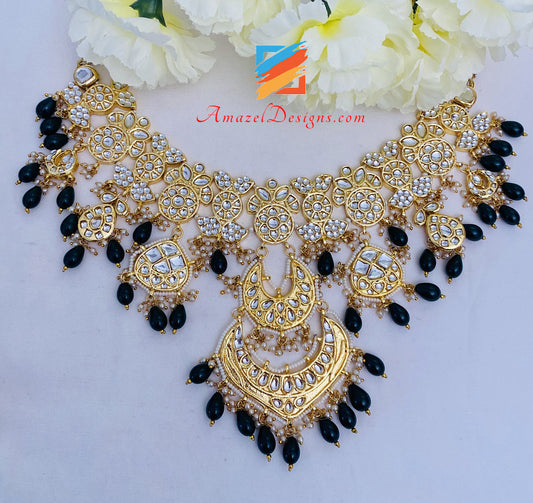 Golden Green Kundan Pendant Necklace Earrings Tikka Set