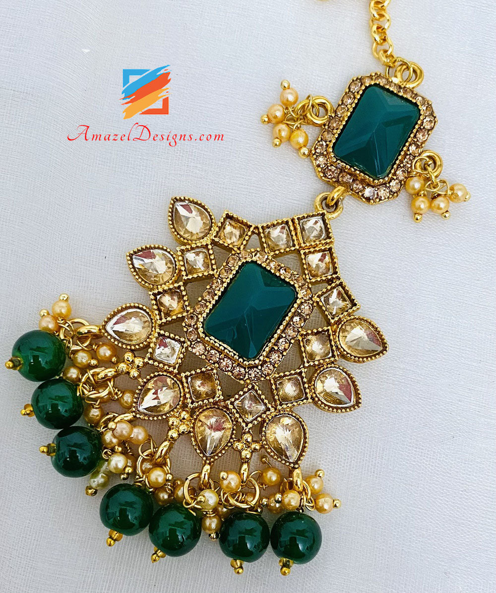 Golden Green Polki Necklace Earrings Tikka Set