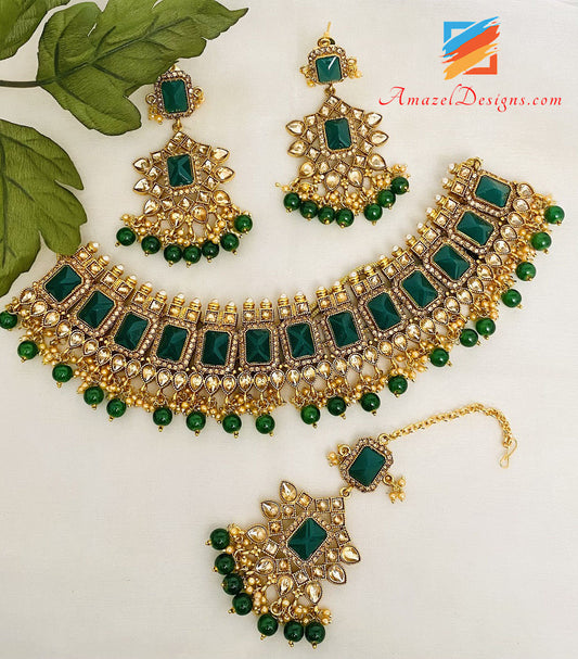 Golden Green Polki Necklace Earrings Tikka Set