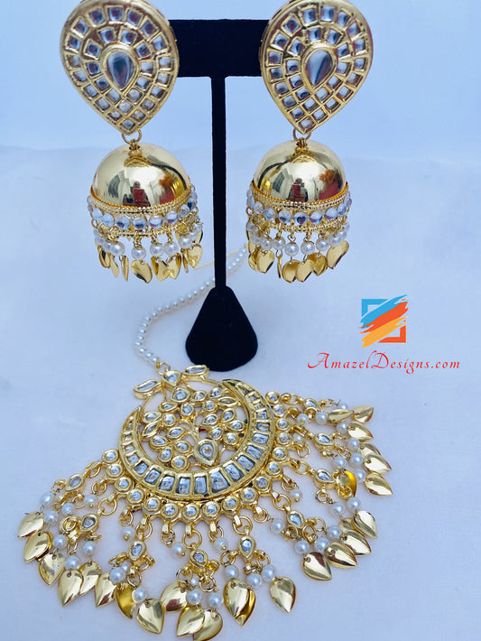 Set Tikka oversize Pipal Patti dorato leggero di alta qualità Kundan Jhoomki