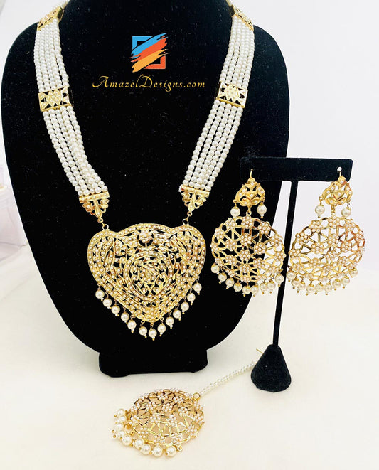 Golden Jadau Lightweight Long Mala Necklace Earrings Tikka Set