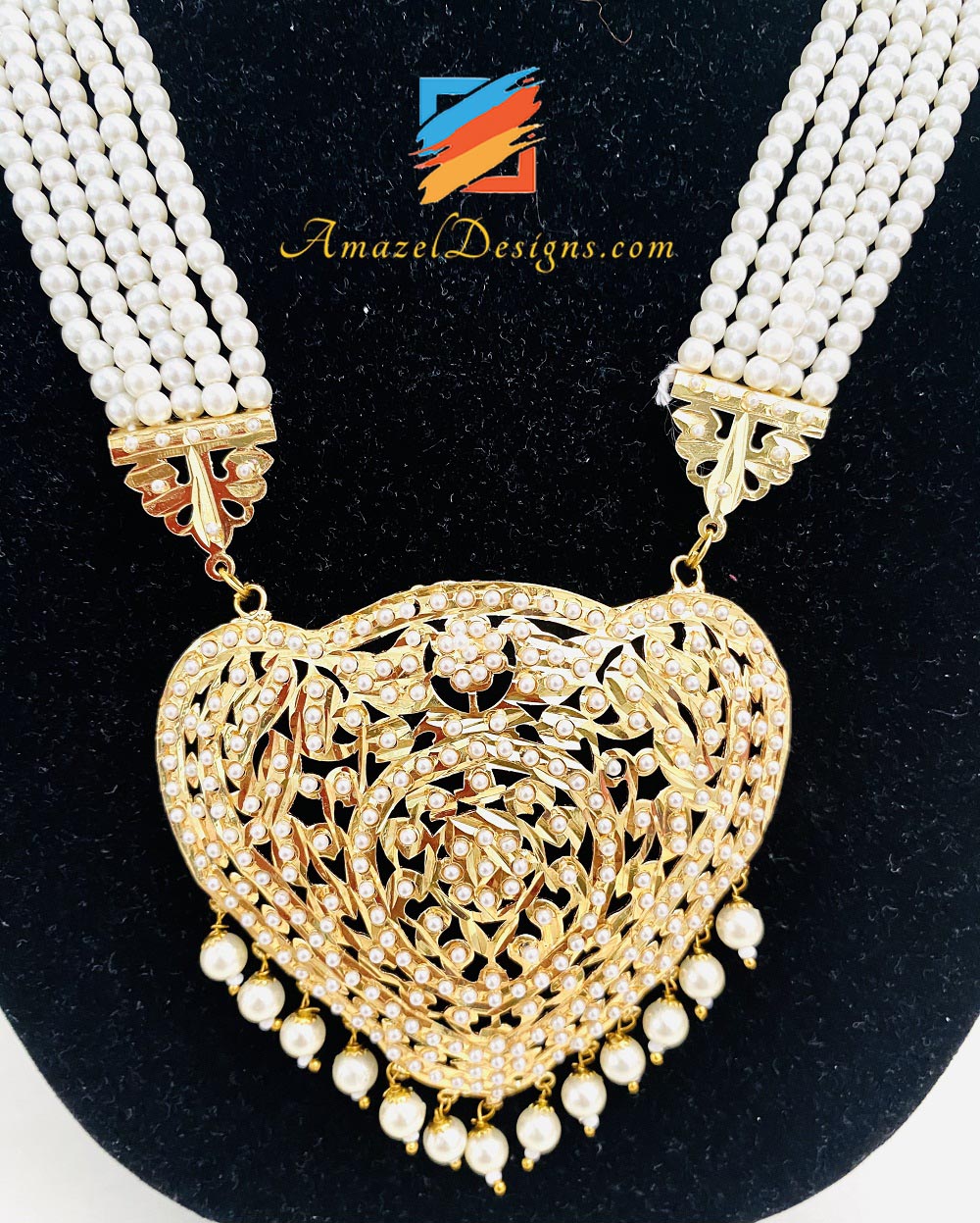 Golden Jadau Lightweight Long Mala Necklace Earrings Tikka Set