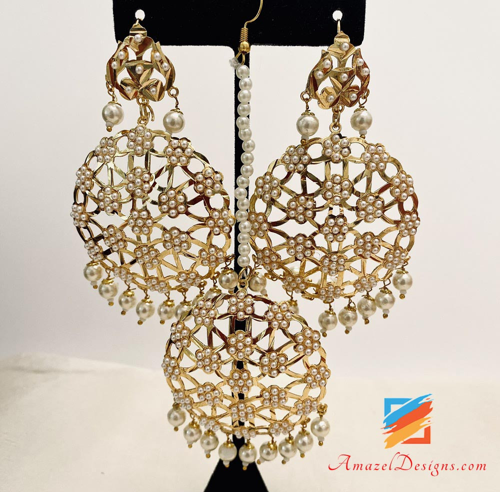Golden Jadau Lightweight Long Mala Necklace Earrings Tikka Set