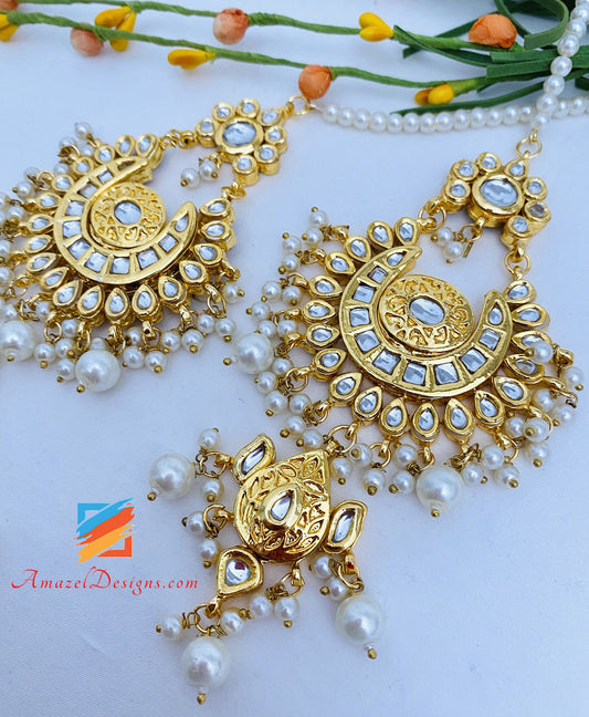 Goldene Kundan Chandbali Ohrringe Tikka Set 