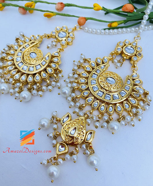 Golden Kundan Chandbali Earrings Tikka Set