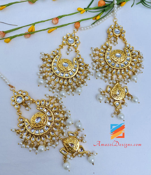 Orecchini Kundan Chandbali dorati Set Tikka 