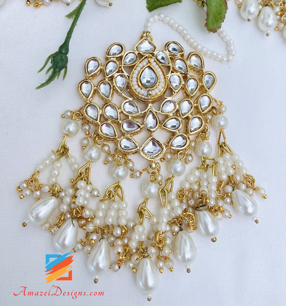 Golden Kundan Choker Necklace Earrings Tikka Set