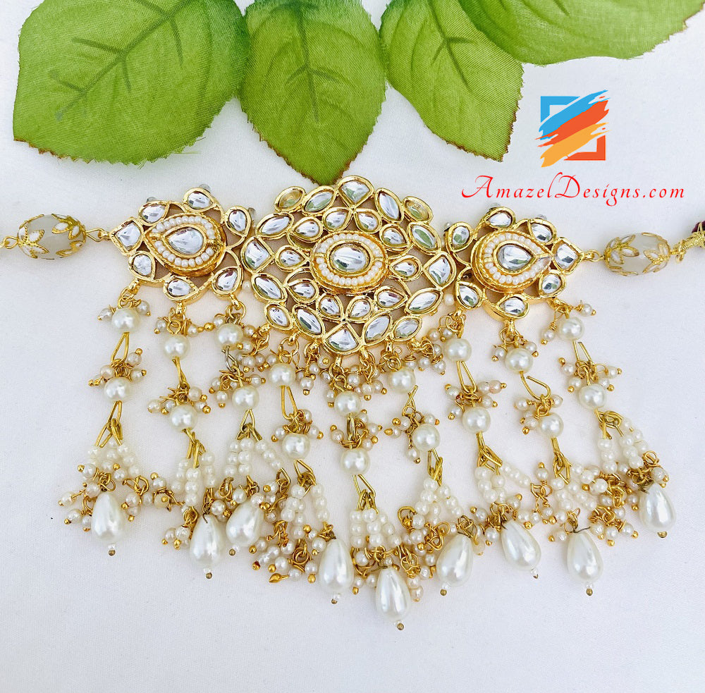 Golden Kundan Choker Necklace Earrings Tikka Set