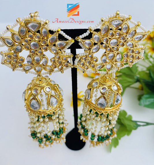 Golden Kundan Emerald Green Lightweight Jhumka Earrings Tikka Set