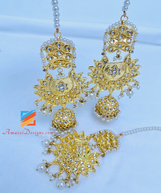 Golden Kundan Jhumki Earrings Tikka Set With Sahara