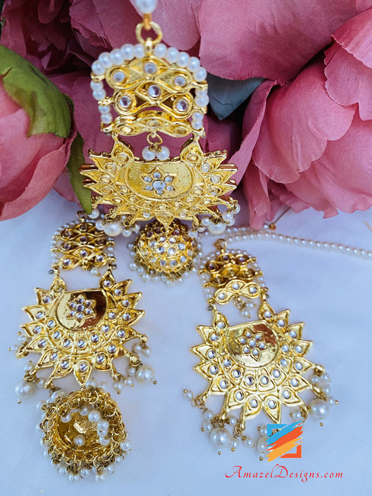 Golden Kundan Jhumki Earrings Tikka Set With Sahara