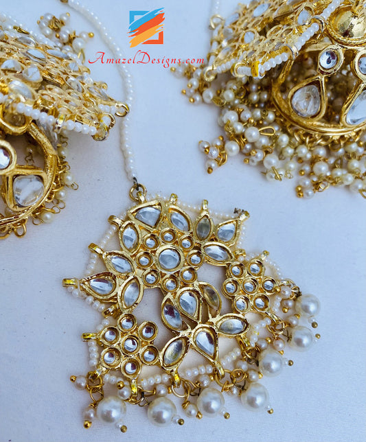 Golden Kundan Lightweight Jhumka Earrings Tikka Set