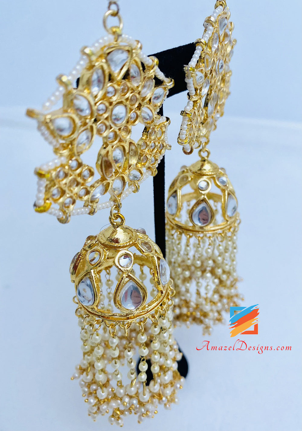 Golden Kundan Lightweight Jhumka Earrings Tikka Set