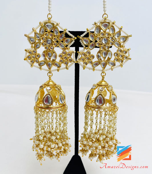 Golden Kundan Lightweight Jhumka Earrings Tikka Set