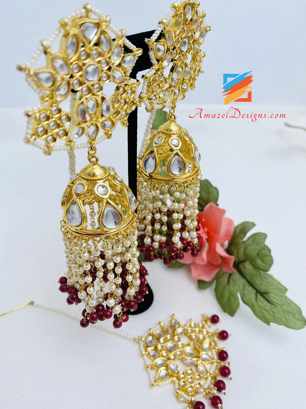 Golden Kundan Maroon Ruby Lightweight Jhumka Earrings Tikka Set