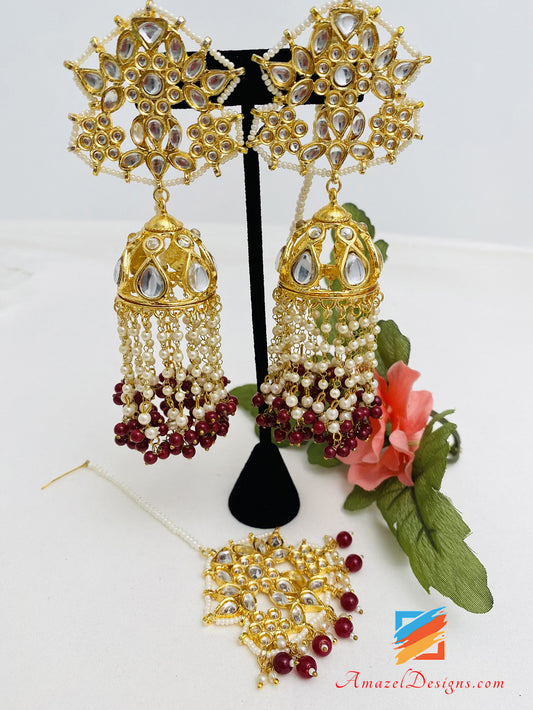 Golden Kundan Maroon Ruby Lightweight Jhumka Earrings Tikka Set