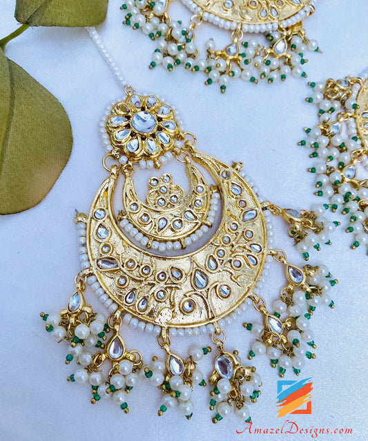 Golden Kundan Oversize Orecchini Tikka Set Tocco Di Verde 