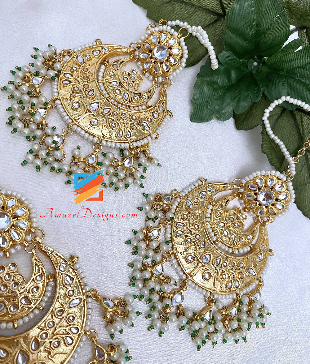 Golden Kundan Oversized Earrings Tikka Set Touch Of Green