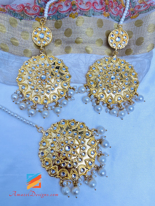 Golden Kundan Painted Earrings Tikka Set