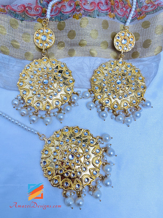 Golden Kundan Painted Earrings Tikka Set