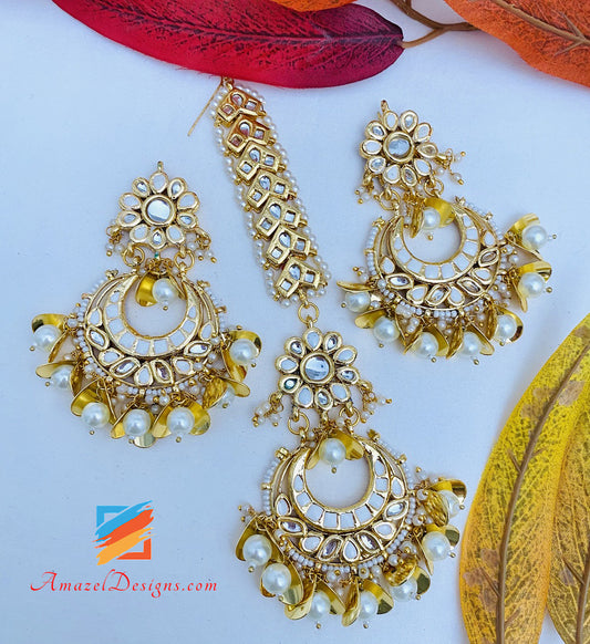 Golden Kundan Pippal Patiyaan Earrings Tikka Set