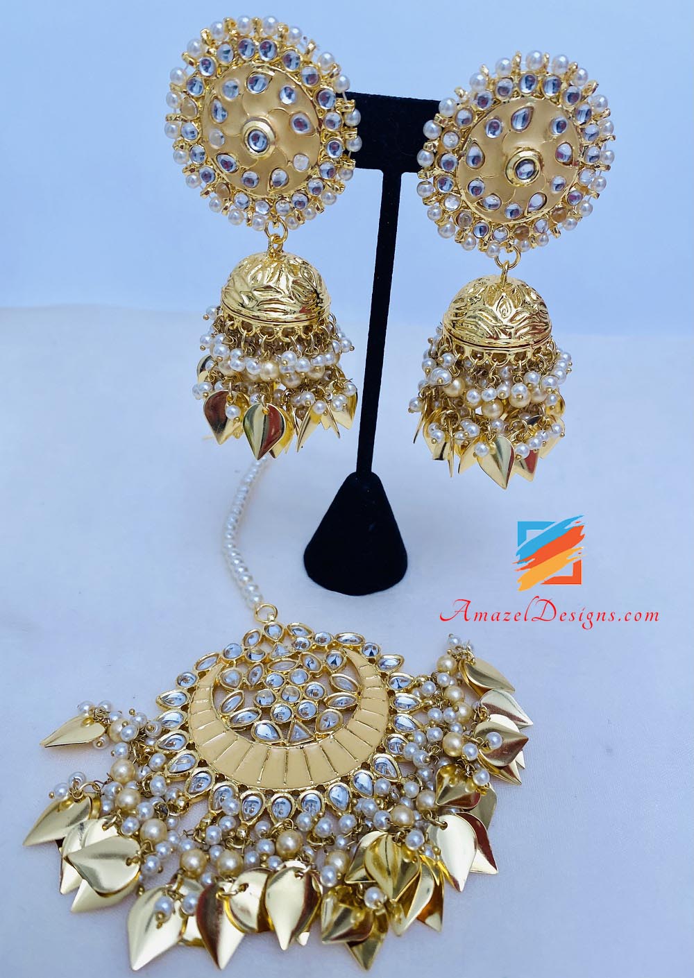 Golden Kundan Pippal Patti Jhumka Oversized Tikka Set