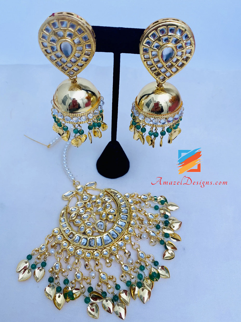 Lightweight High Quality Golden Pipal Patti Kundan Green Beads Jhumki Oversized Tikka Set