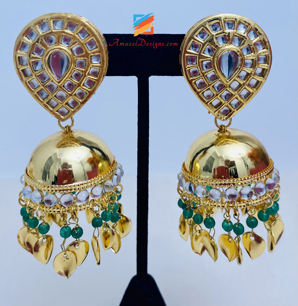Lightweight High Quality Golden Pipal Patti Kundan Green Beads Jhumki Oversized Tikka Set