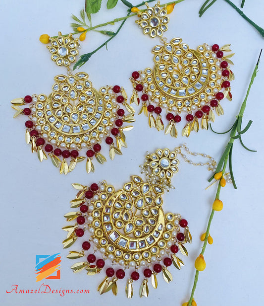 Golden Maroon Pippal Patti Kundan Oversized Earrings Tikka Set