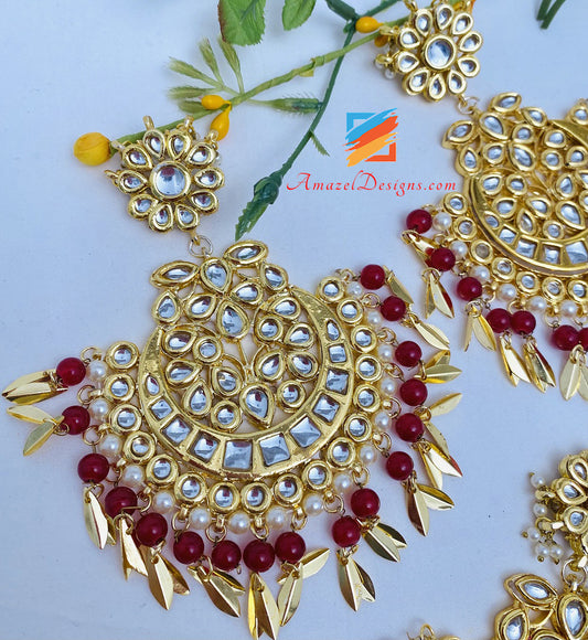 Golden Maroon Pippal Patti Kundan Oversized Earrings Tikka Set