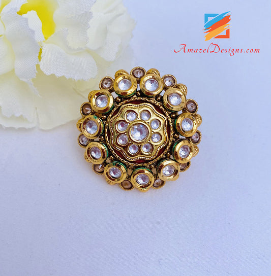 Golden Maroon Touch Kundan Medium Adjustable Ring