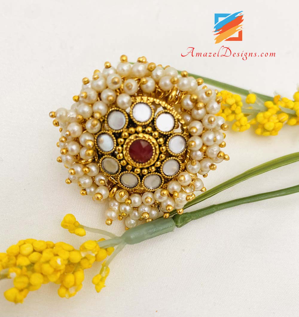 Golden Maroon (Ruby) Sheesha Pearly champagne Adjustable Ring