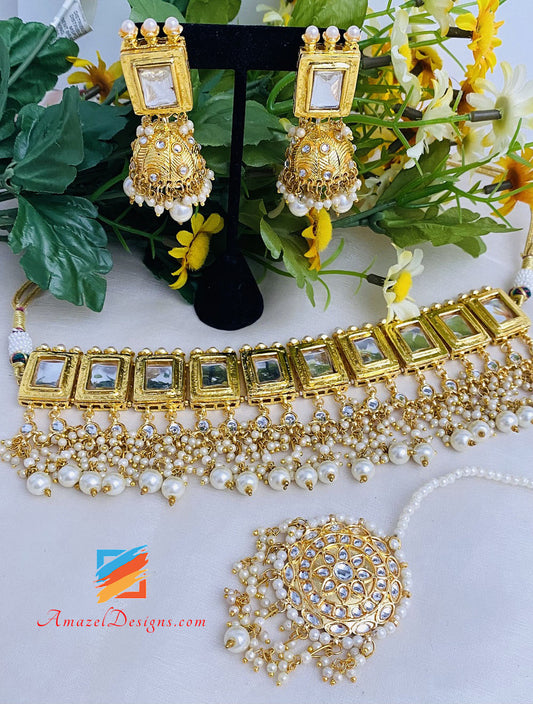 Golden Mirror Choker Jhoomki Tikka Set