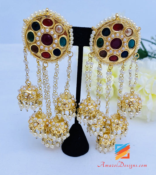 Golden Multicoloured Earrings with Hanging Jhumkis