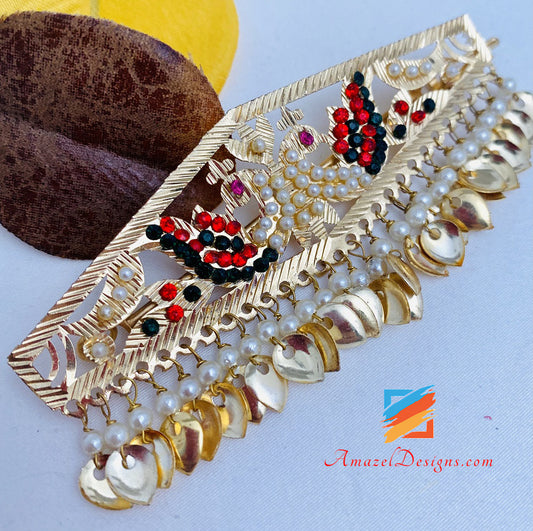 Golden Multicoloured Morni Traditional Pippal Patti Jadau Clip