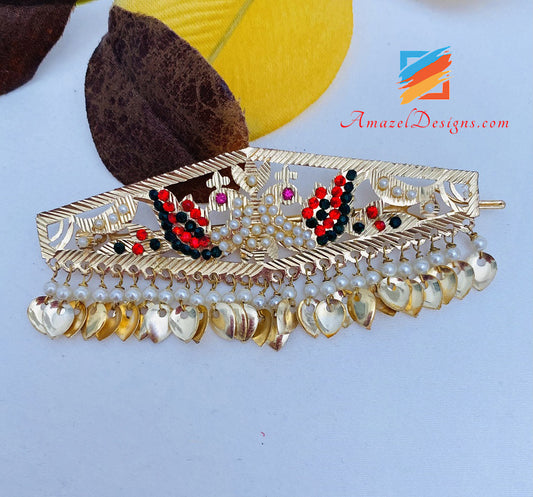 Golden Multicoloured Morni Traditional Pippal Patti Jadau Clip