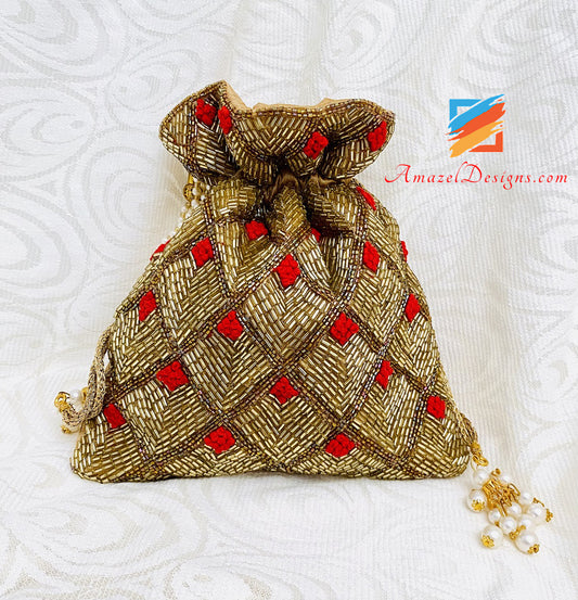 Golden Nalki Work With Touch Of Red - Potli