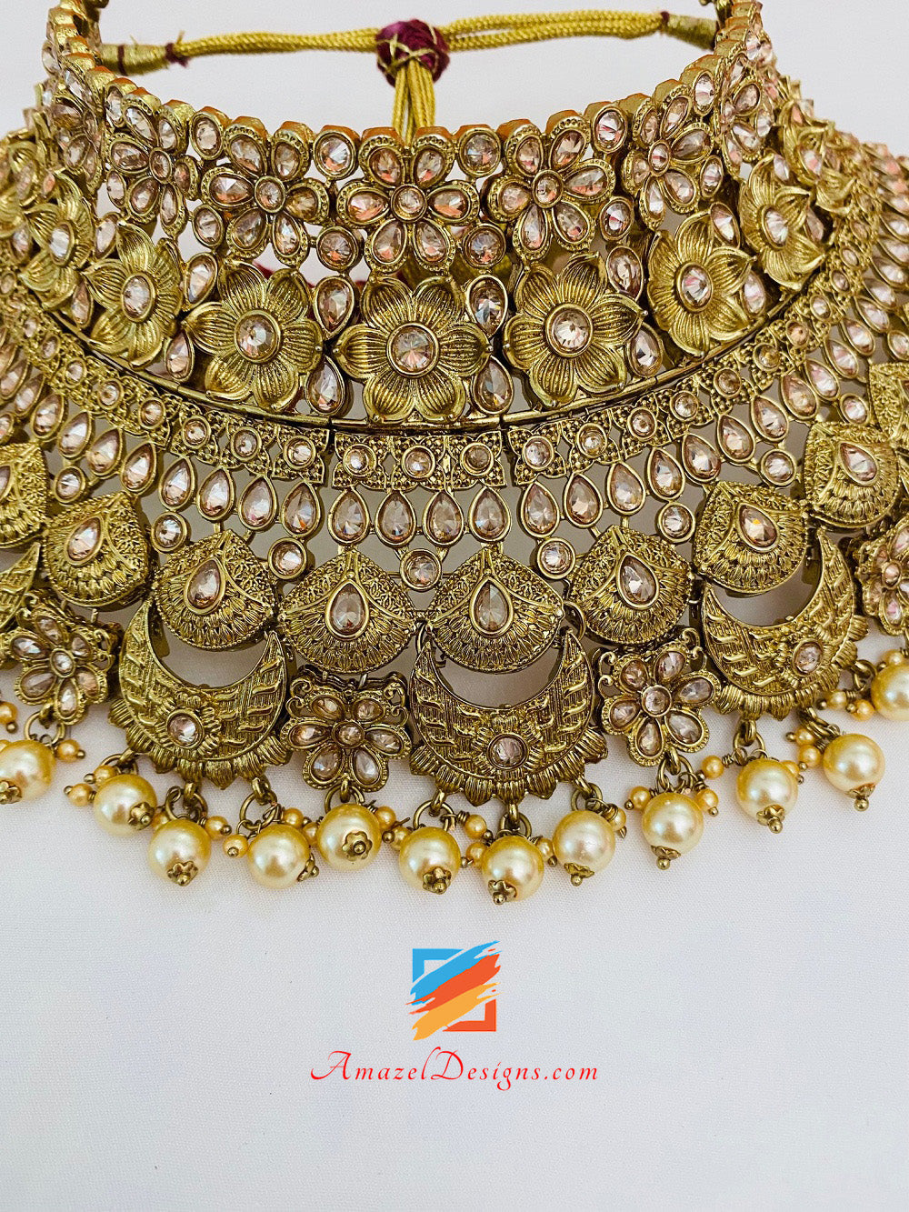 Polki Golden Necklace Long Mala - Rani Haar, Bajuband, Matha Patti, Hand Piece, Nath Nose Ring